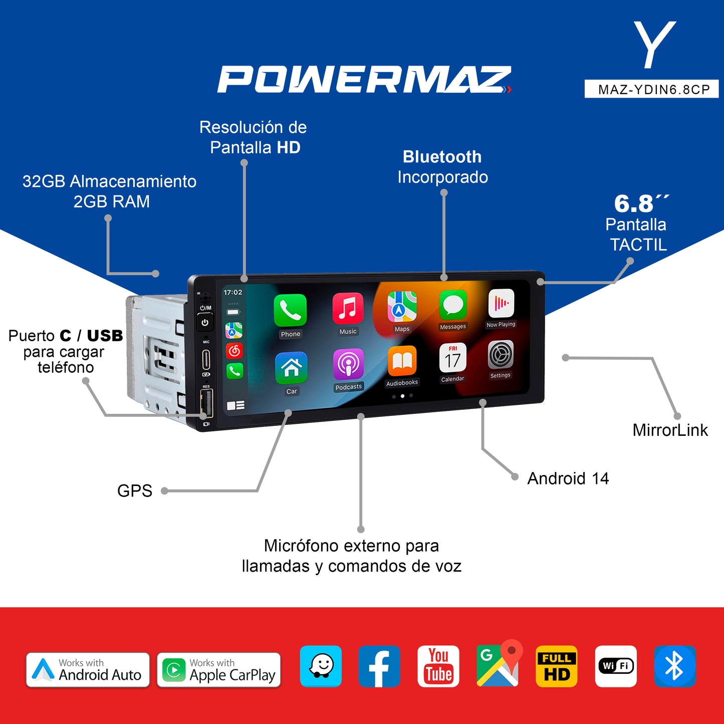 RADIO ANDROID CON CARPLAY 1 DIN POWERMAZ