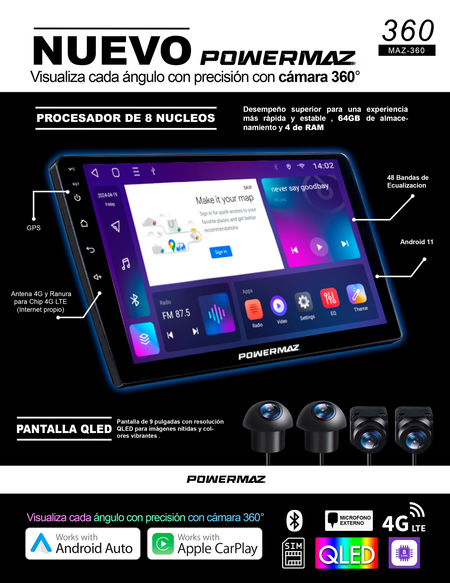 RADIO CARPLAY Y ANDROID AUTO CON CAMARA 360° DE 9 PULGADAS POWERMAZ MAZ-360