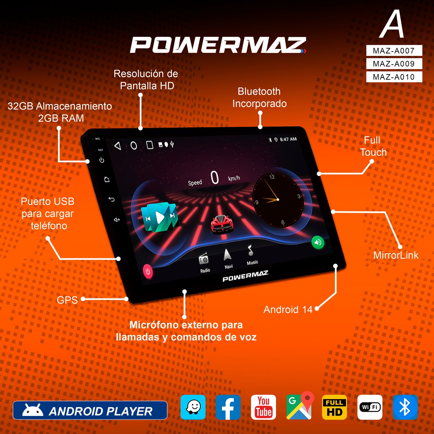 RADIO ANDROID DE 10 PULGADAS POWERMAZ MAZ-A010