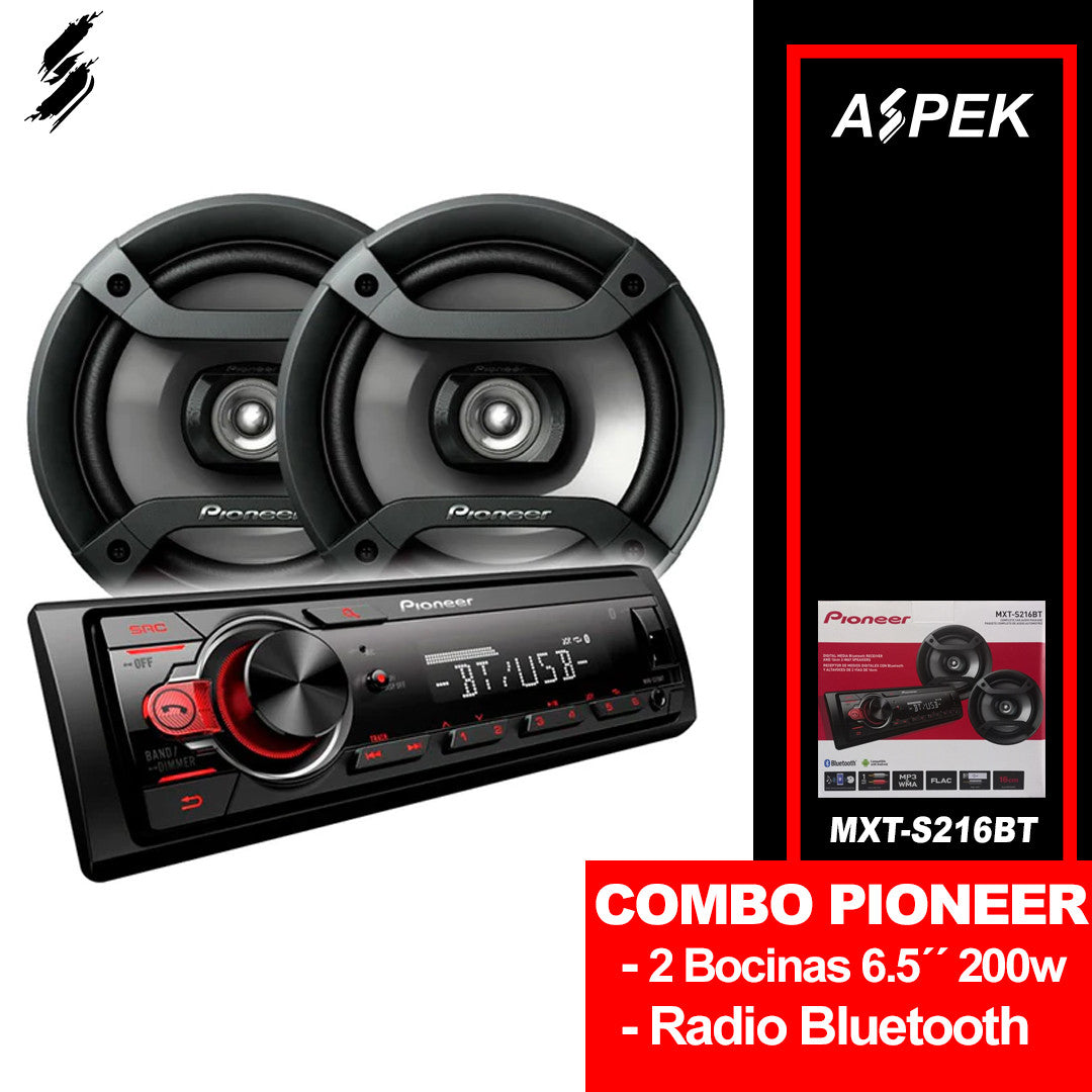 BOMBO PIONEER 2 BOCINAS 200 WATTS TS-F1634R + 1 RADIO MVH-S215BT